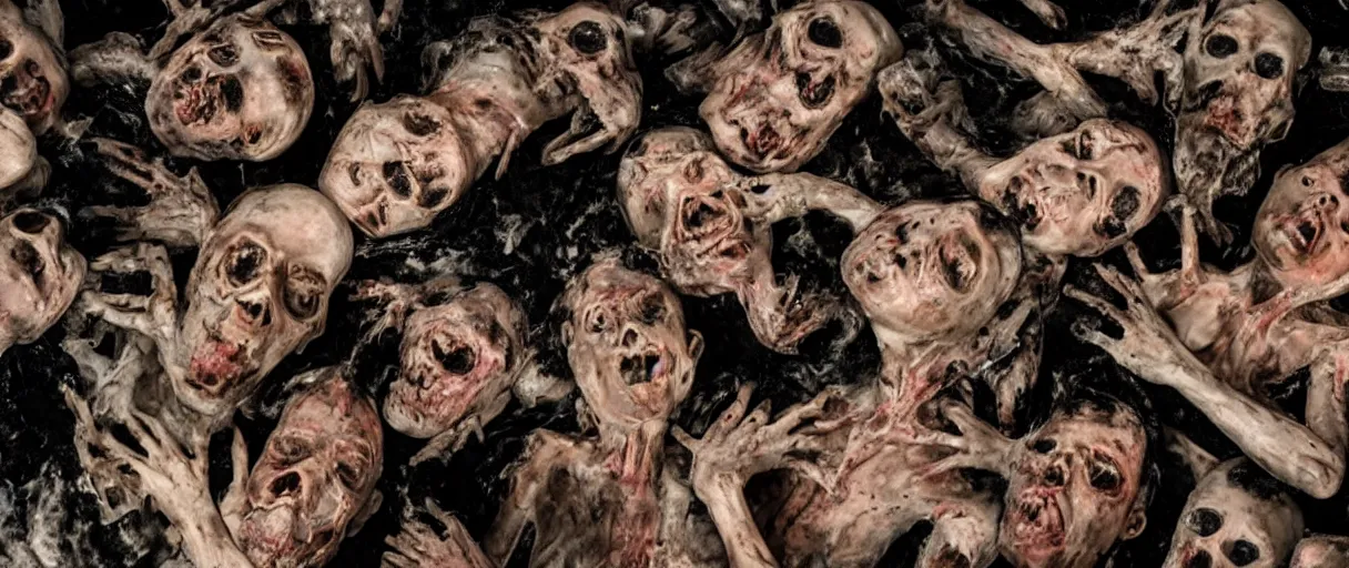 Prompt: filmic closeup dutch angle movie still 4k UHD 35mm film color photograph of a dozen burnt corpses with frozen pained expressions, on the floor of a a science lab , in the style of a 1980s horror film