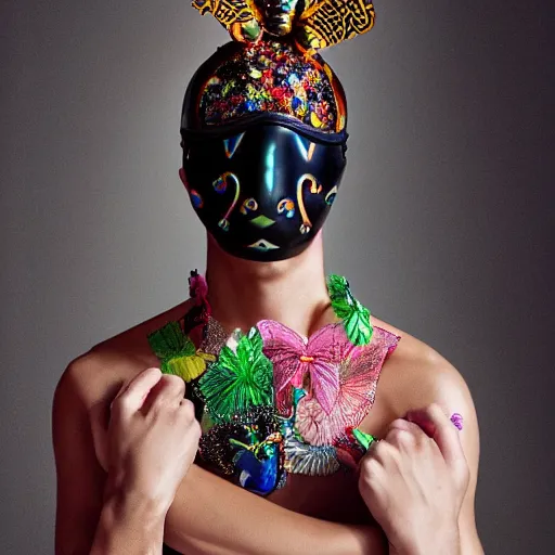 Prompt: a young athletic slim beautiful latin prince wears a mask decorated with intricate small colorful beetles made of organza, designed by alexander mcqueen, photographed by erwin olaf for an expensive fashion magazine