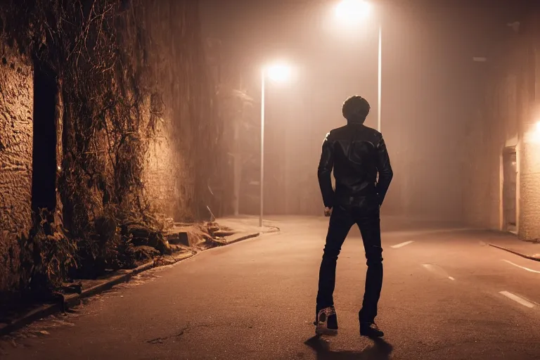 Image similar to movie shot of young man from back pacing lowering head dressed in short leather bomber jacket to empty narrow alley with street lamps in park with pines to the horizon, with hands in pockets, snowfall at night, mullet long haircut, black hairs, cinematic, dramatic, detailed, realistic, movie shot, low lighting