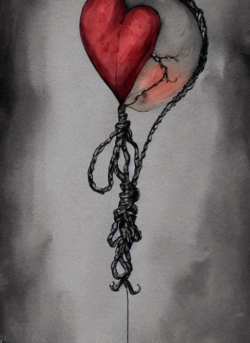 Image similar to portrait, An anatomical heart shaped balloon with a noose hanging from it, watercolor, dramatic lighting, cinematic, establishing shot, extremly high detail, foto realistic, cinematic lighting, pen and ink, intricate line drawings, by Yoshitaka Amano, Ruan Jia, Kentaro Miura, Artgerm, post processed, concept art, artstation, matte painting, style by eddie mendoza, raphael lacoste, alex ross