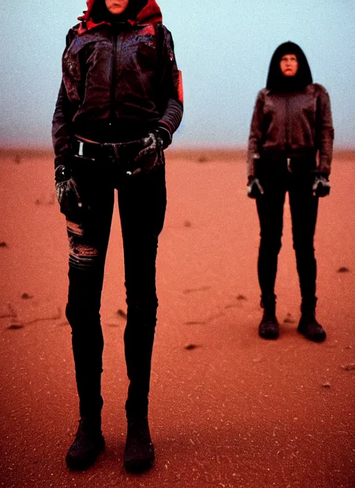 Image similar to cinestill 5 0 d photographic portrait of two loving female androids wearing rugged black techwear on a desolate plain with a red sky, extreme closeup, lizard on ground, cyberpunk style, in front of a brutalist dark metal facility, dust storm, 3 5 mm, 8 k, f / 3 2, high resolution, ultra realistic faces