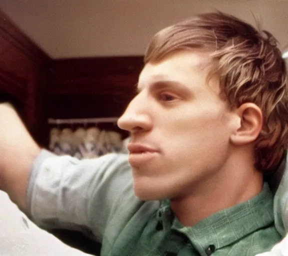 Prompt: color film still of a young white man very self conscious about his very large nose