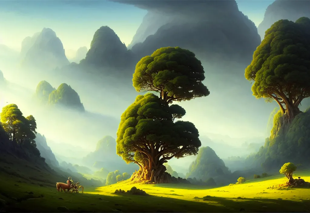 Image similar to dionisio landscape with lyra orpheus, high trees, top of the hill, above low layered clouds, deep focus, fantasy, intricate, elegant, highly detailed, digital painting, artstation, concept art, matte, sharp focus, illustration, hearthstone, art by rhads and artgerm and greg rutkowski and gediminas pranckevicius