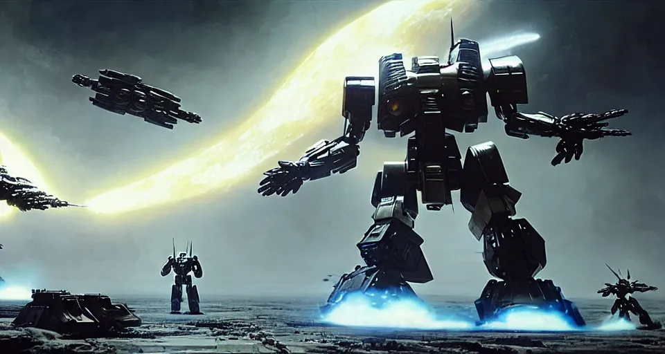 Image similar to hyper realistic sci - fi matte concept art painting of epic cinematic battle between michael bay transformer mecha fighting on the moon, guns, missiles, explosions, beautiful details, strong composition painted by kim jung guweta studio rutkowski, james gurney and greg rutkowski, and lucasfilm, smooth, intricate, detailed, sharp focus, cinematic