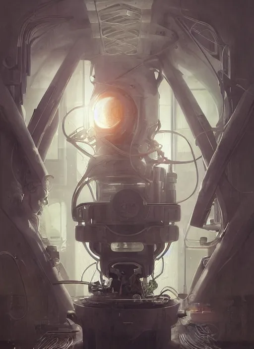 Prompt: the masks come off, the light inside the organic machine is the source of its power, photorealistic by michael komarck, greg rutkowski, victo ngai, artgerm, willem claesz heda and j. dickenson