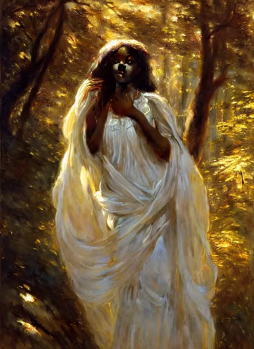 Prompt: a beautiful young black woman with long flowing hair in a flowing white gown in the forest, highly detailed painting by gaston bussiere, craig mullins, j. c. leyendecker 8 k