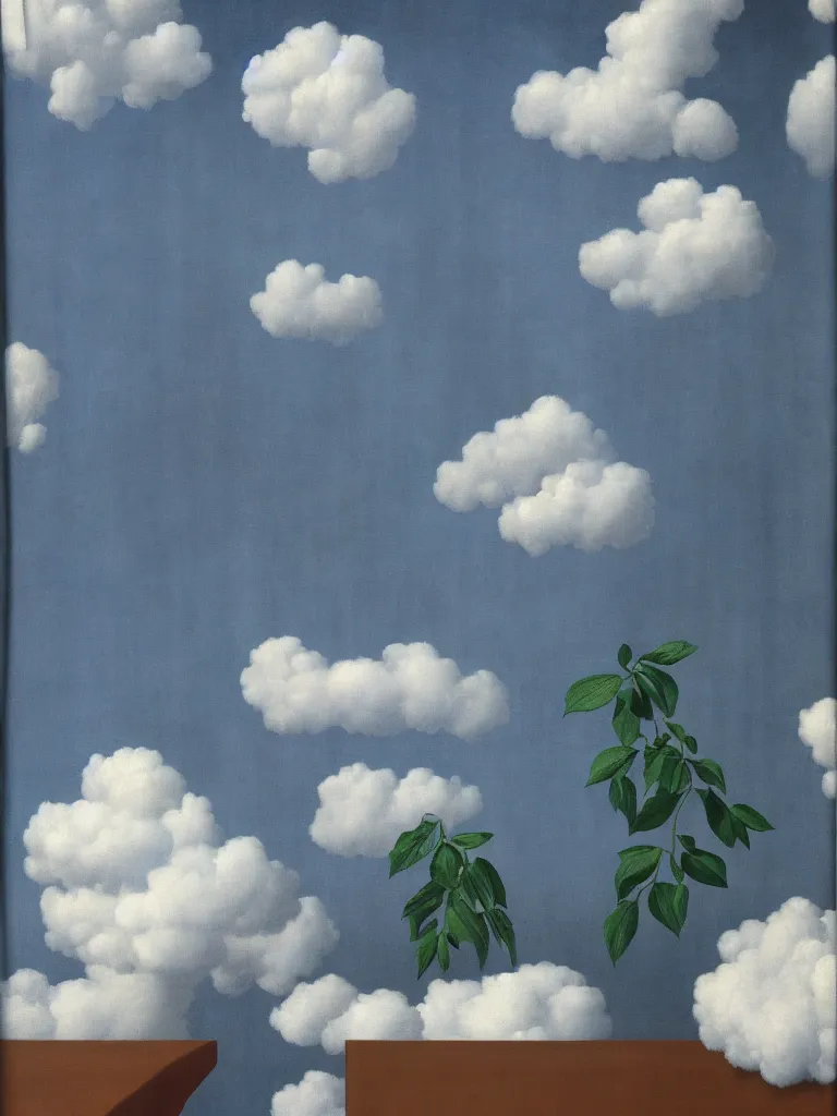 Image similar to curtains are clouds by rene magritte, detailed painting, hd, hq, high resolution, high detail, 4 k, 8 k