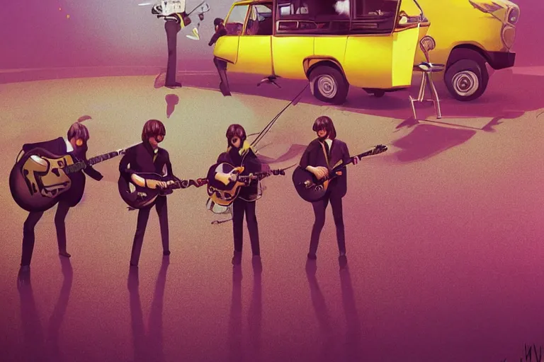 Image similar to the beatles performs with guitar on a yellow flying minivan, sci fi, art by mike winkelmann, trending on cgsociety, retrofuturism, darksynth, sci - fi