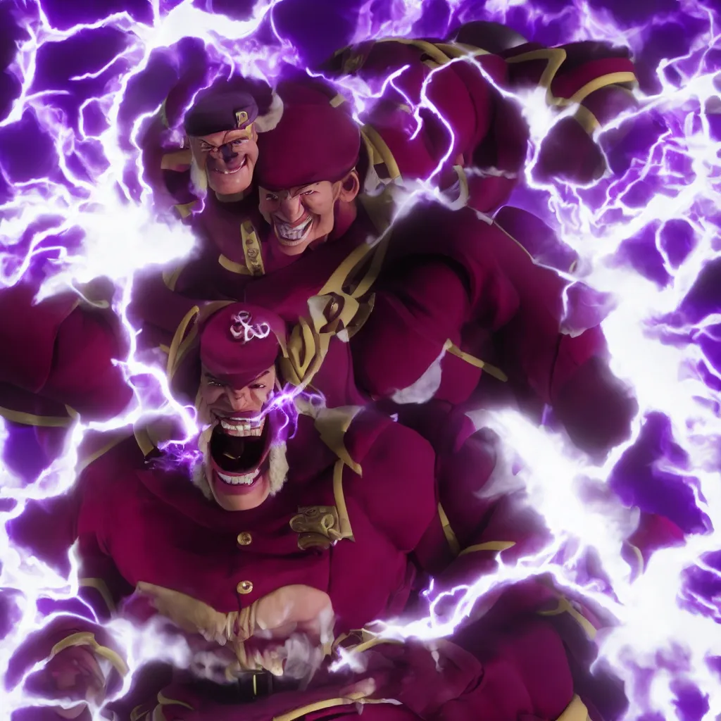 Prompt: m. bison, full body, big smile white teeth, purple smoke, purple lightning, volumetric light, highly detailed, sharp focus, 8 k