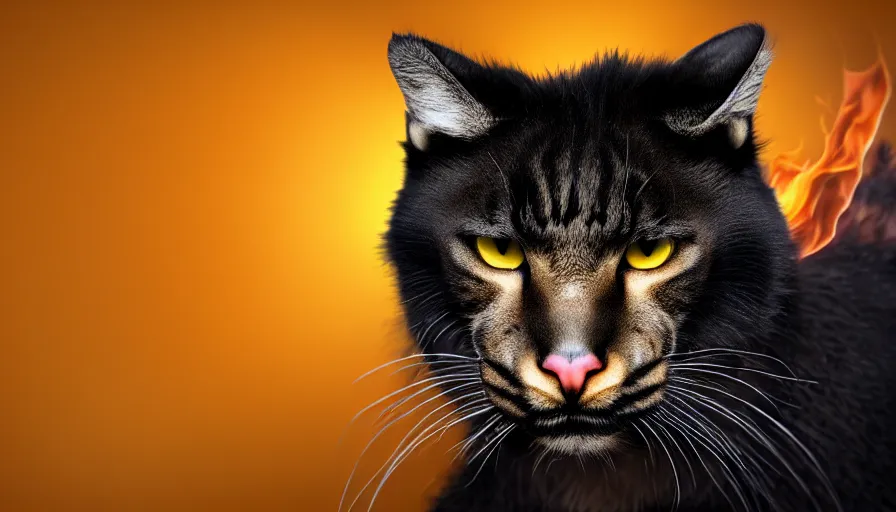 Image similar to big cat, black, fiery yellow eyes, flaming ears, paws, tail