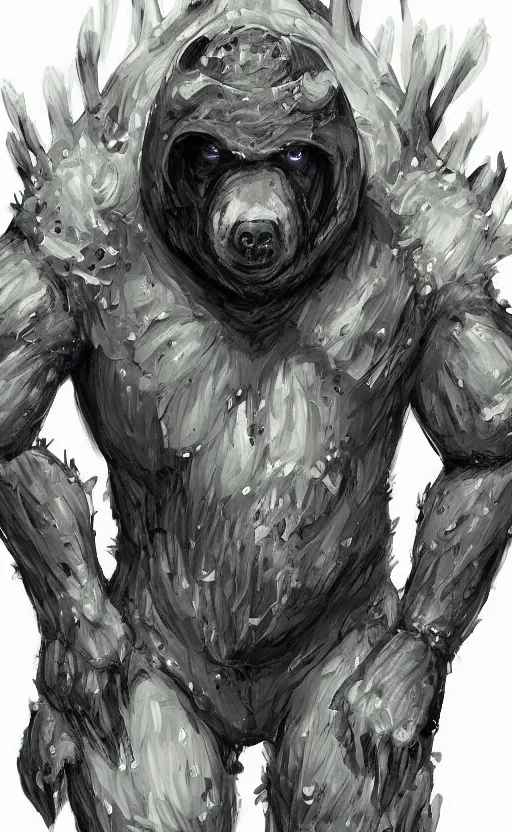 Image similar to portrait of full body bear beast-man wearing a hazmat suit, glowing eyes, digital art, concept art, highly detailed, sharp focus