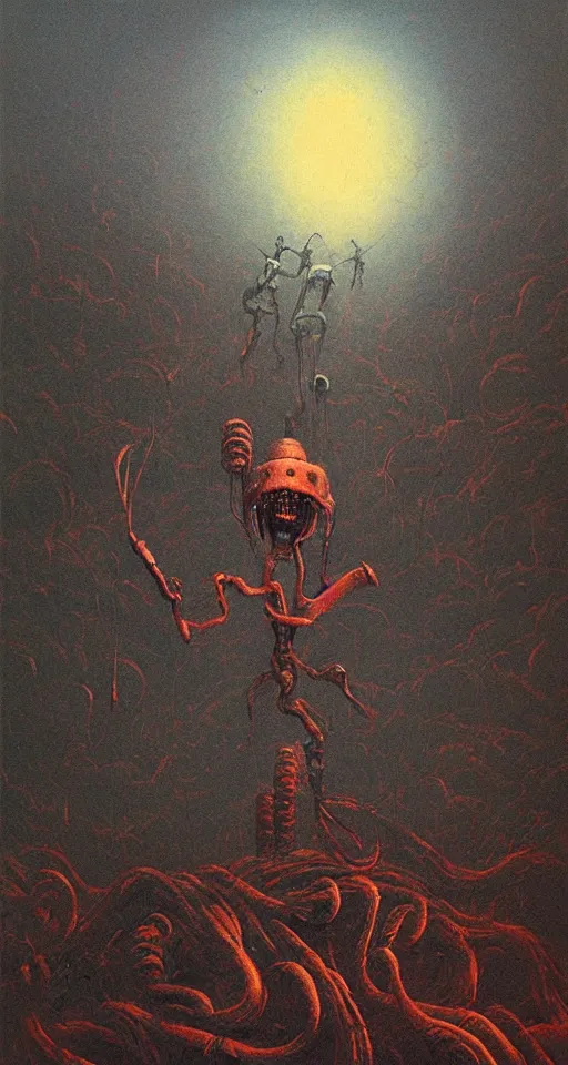 Image similar to Painting in a style of Beksinski featuring a giant robotic monster yelling in the dark, creepy, pain, suffering in the background