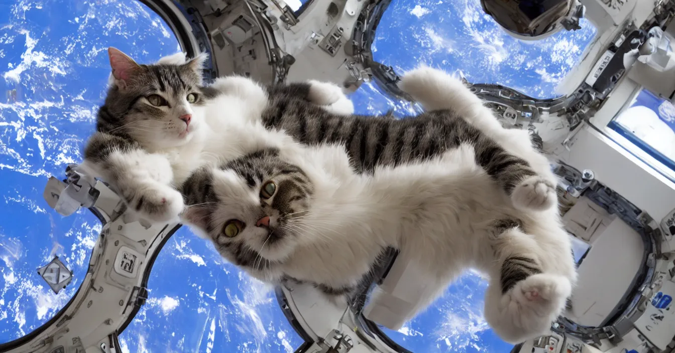 Image similar to Photo of a cat floating inside the International Space Station in zero gravity, highly-detailed 4K award-winning cinematic, wide angle