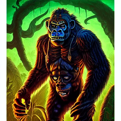 Image similar to barong family member, wiwek, mara demon, one single tribe member, jungle, one single mask, dark, ancient warrior, gorilla, lizard, tribal, inner glow, art by dan mumford and justin gerard