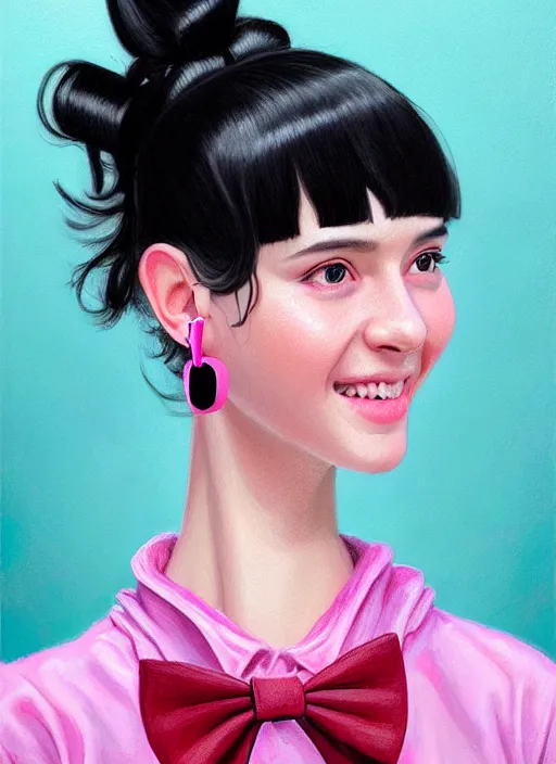 Image similar to portrait of high school girl, realistic, black hair, bangs, half updo hairstyle, pointy nose, skinny, smile, ugly, defined jawline, big chin, pink hair bow, earrings, intricate, elegant, glowing lights, highly detailed, digital painting, artstation, sharp focus, illustration, art by wlop, mars ravelo and greg rutkowski