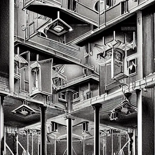 Image similar to crows at a architectural complex with an occult witch by Android Jones and M. C. Escher collaboration, futurist, digital art, dramatic lighting, symbolic