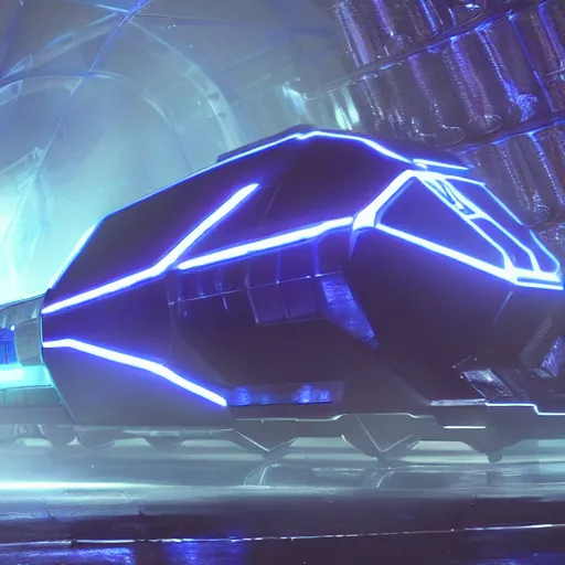 Image similar to a blue hexagonal train from the movie tron : legacy