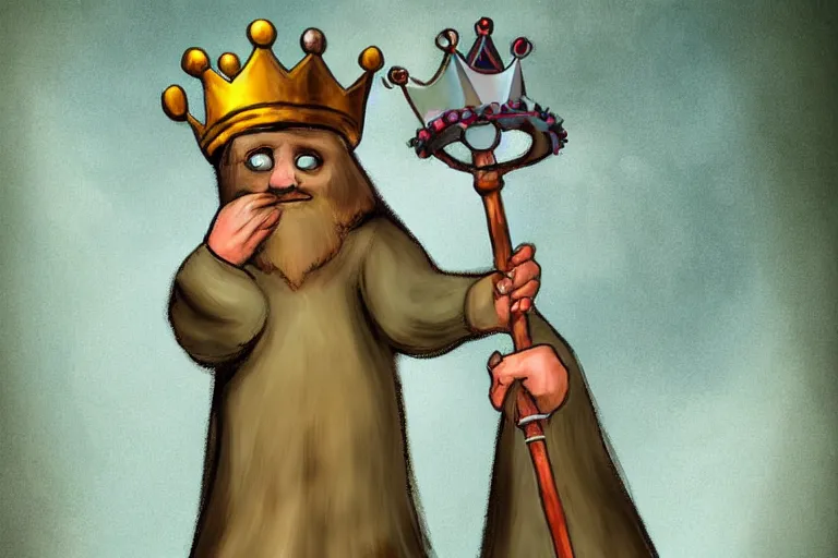 Image similar to bean holding a staff, wearing kings crown, digital art,