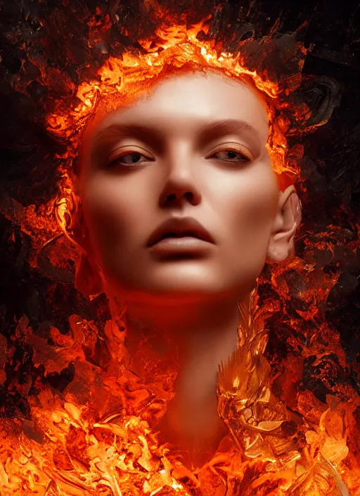 Image similar to sculpture made of fire, portrait, female, future, torch, flame, harper's bazaar, vogue, fashion magazine, intricate, concept art, close up, ornate, luxury, elite, elegant, trending on artstation, by ruan jia, by Kenneth Willardt, by ross tran, by WLOP, by Andrei Riabovitchev,