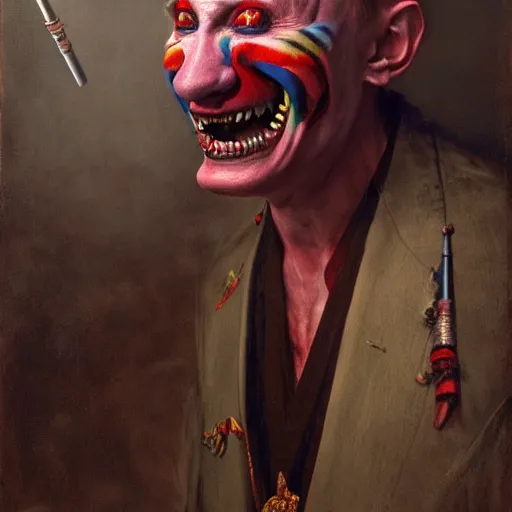 Image similar to vladimir putin, drunk jester, drunk circus performance, wearing clown nose, horror teeth, fantasy 3 d render, masterpiece, by donato giancola and greg rutkowski and wayne barlow and zdzisław beksinski, realistic face