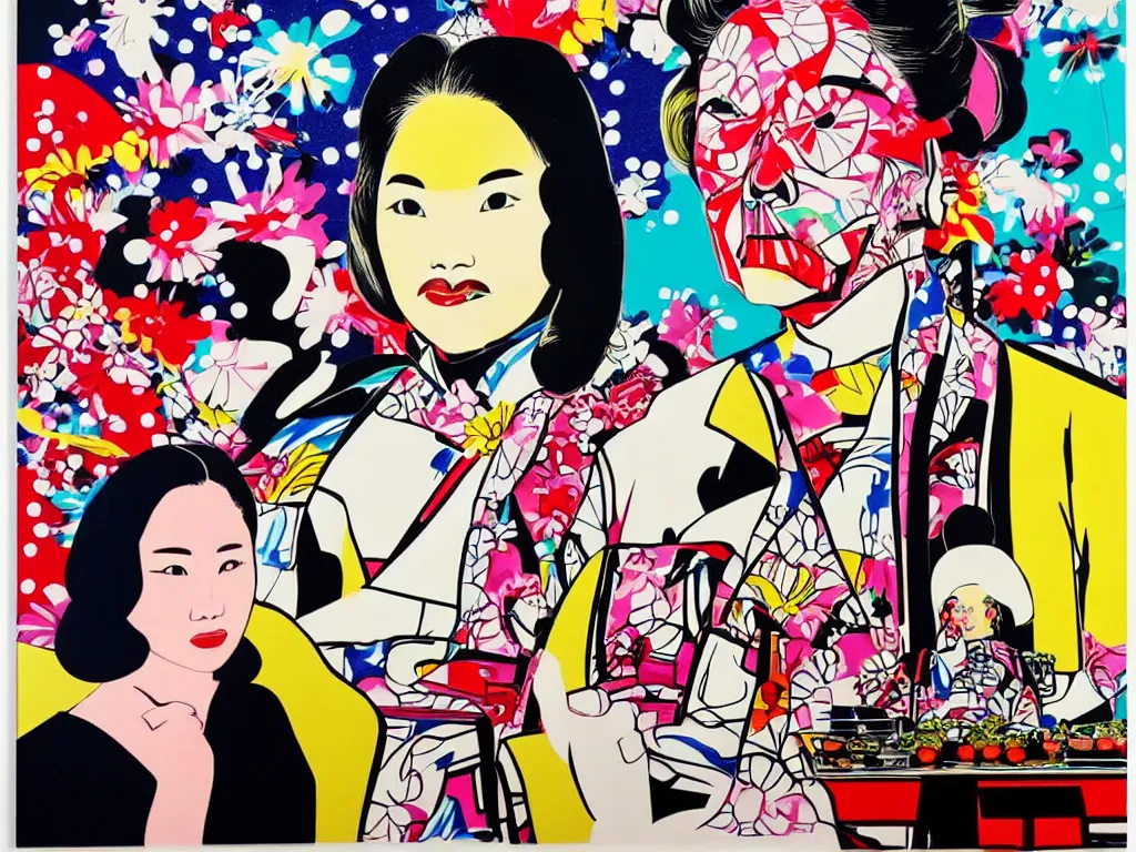 Image similar to hyperrealistic composition, in the middle a woman in a japanese kimono, behind her stands darth vader, in front of her a table from the casino, in the background is mount fuji and fireworks, pop - art style, jacky tsai style, andy warhol style, roy lichtenstein style, round canvas, acrylic on canvas