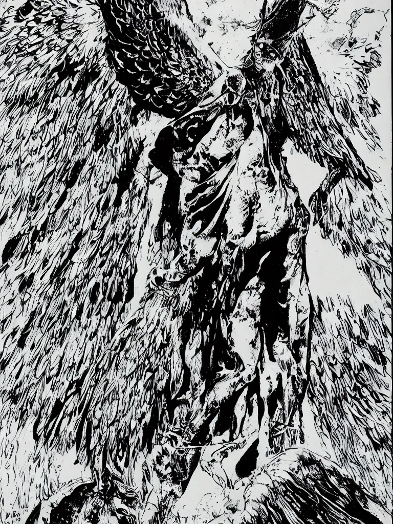 Image similar to a shaman standing on the edge of a cliff wearing a cape made of wings, by guido crepax