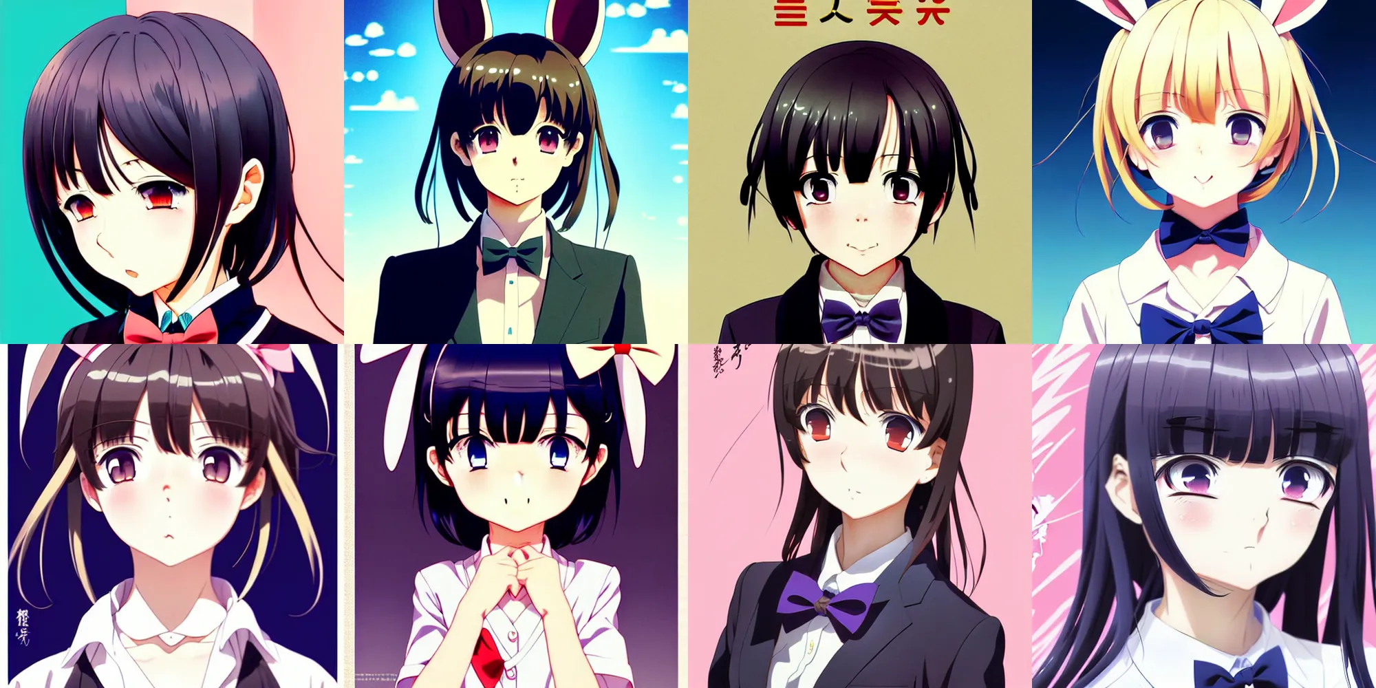 Prompt: anime poster shikishi album cover still portrait, cute female character with bowtie and bunny ear, cute face by ilya kuvshinov yoshinari yoh makoto shinkai katsura masakazu kyoani, dynamic perspective pose super detailed facial features eyebrowless symmetry, gapmoe yandere grimdark, crisp and sharp cel shade ambient light