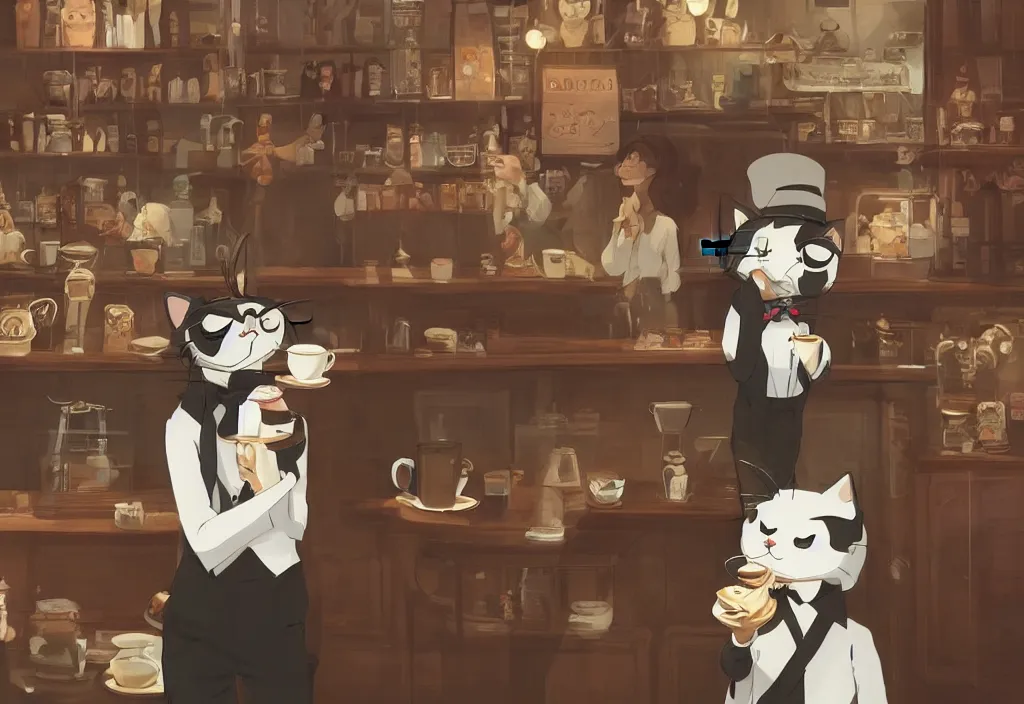 Image similar to a highly detailed portait of a cute little anthropomorphic cat barista wearing a suit in a parisian coffee shop by studio ghibli, tiny, small, cute and adorable, pretty, beautiful, character art portrait, matte painting, Artstation