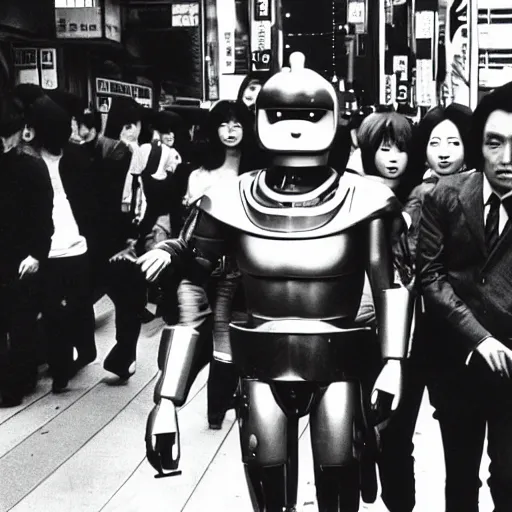 Prompt: 1 9 7 0 s japanese tv show, bw, cyborg monsters walking the streets of shinjuku,