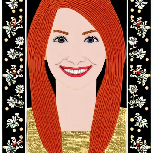 Image similar to Digital embroidery design of a beautiful young woman with red hair, smiling, clothes, Golden thread, golden details, intricate details, intricate patterns 4k, 35mm, f/1.4