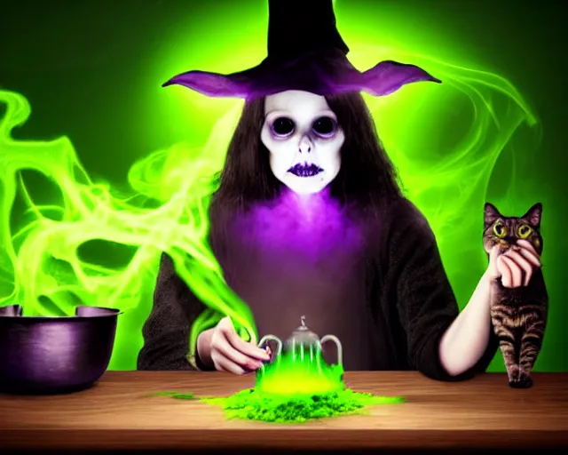 Image similar to close up portrait, spooky teen witch mixing a spell in a cauldron, a cat is on the table, wispy green and purple smoke fills the air, a witch hat, cinematic, green glowing smoke is coming out of the cauldron, strange ingredients on the table, strange apothecary shelves in the background, scary stories to tell in the dark