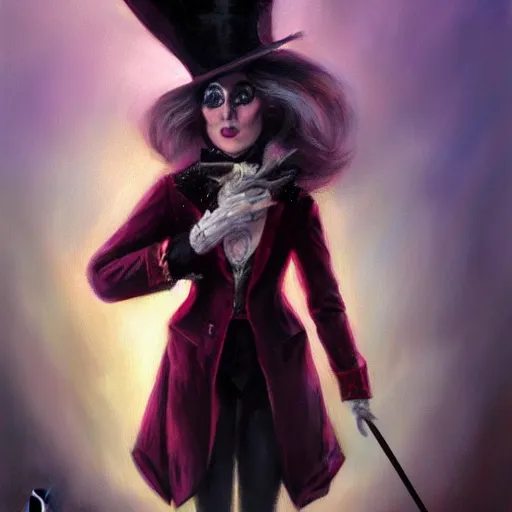 Image similar to oil painting of a rabbit dressed like a female magician with a top hat and a magic wand, urban fantasy art by seb mckinnon, artstation npc character design, top - rated