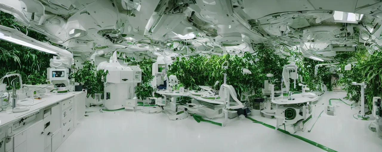 Prompt: Film still of a brightly lit white science lab on a space ship, white plastic, neutral lighting, water dripping, puddles, wet floor, green vines, tropical, Cinestill colour cinematography, anamorphic