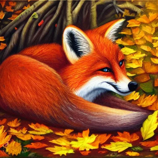 Image similar to a stunning close-up oil painting of a cute fox curled up on the forest floor lying on autumn leaves in a fall forest