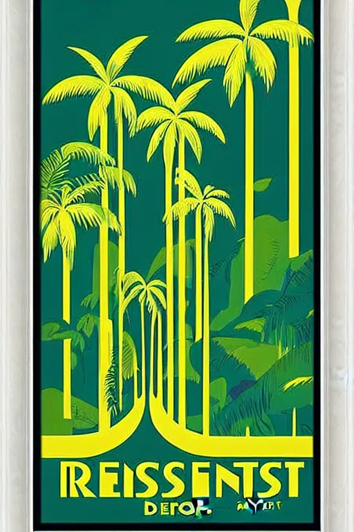 Image similar to art deco travel poster. rainforest, framed poster