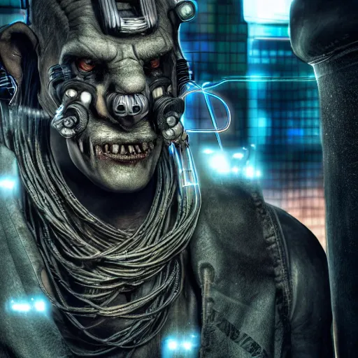 Prompt: hyper realistic cyberpunk orc, 8 k, photography, glowing lines, rule of thirds, ultra detailed.