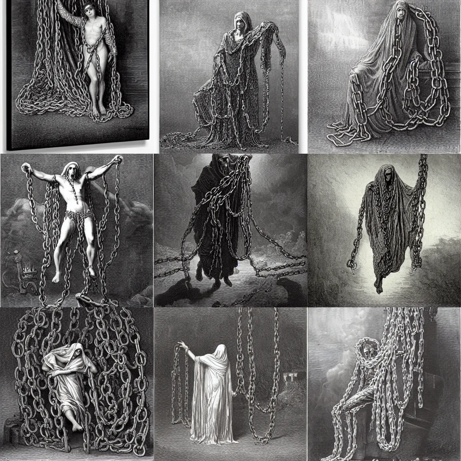 Prompt: a sheet ghost wrapped in chains by gustave dore