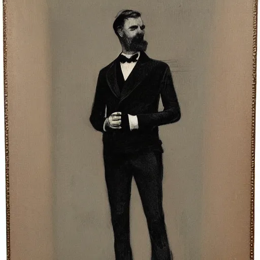 Image similar to gentleman action hero, suit, bow tie, mustache, by alfred stevens in charcoal