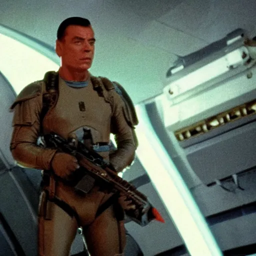 Prompt: movie still, 1 9 8 0 s, van damme as sci - fi starship trooper, hyperdetailed, by ridley scott, john carpenter and vittorio storaro, blue leds