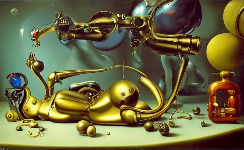 Prompt: strange curvy seductive futuristic robot body, enticing colorful oil painting dutch golden age vanitas eros still life sparse composition with bulbous objects strange gooey transparent surfaces shiny metal reflections bizarre mutant meat insects rachel ruysch dali todd schorr very detailed perfect composition rule of thirds masterpiece canon 5 0 mm, cinematic lighting, photography, retro, film, kodachrome