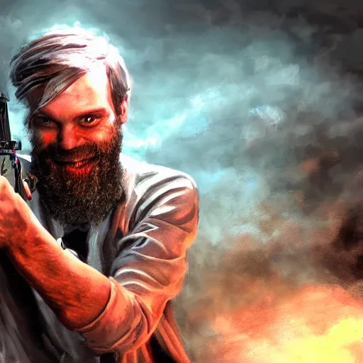 Prompt: Pewdiepie killing a zombie with a gun, dynamic lighting, oil painting, 8k, detailed, cinematic, futuristic