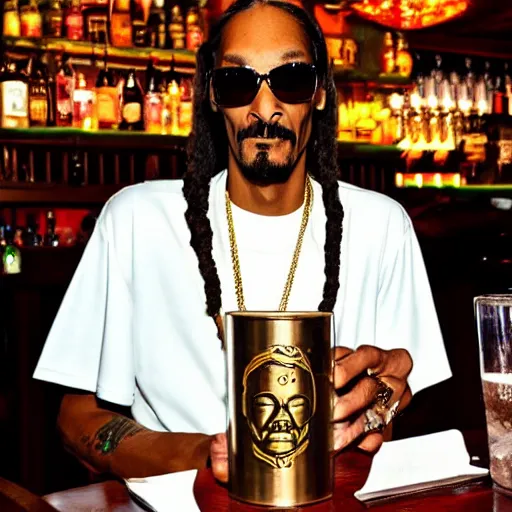 Image similar to snoop dogg at trader vic's bar holding a tiki mug with his face on it