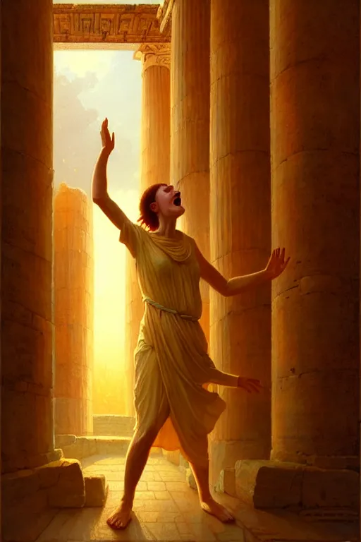 Image similar to high detail portrait, screaming woman wearing ancient greek yellow paper tunic, hands in air, stephen bliss, fantasy art by greg rutkowski, rhads, ferdinand knab, makoto shinkai and lois van baarle, global illumination, radiant light, ancient greek temple ruins, red and blue color theme