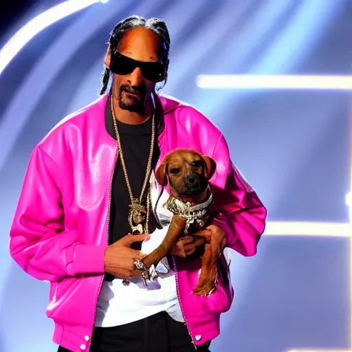 Prompt: Snoop Dogg wearing a pink leather jacket on stage at a music award show holding a dog