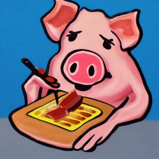 Image similar to a pig eating a rasher of bacon. detailed, realistic,