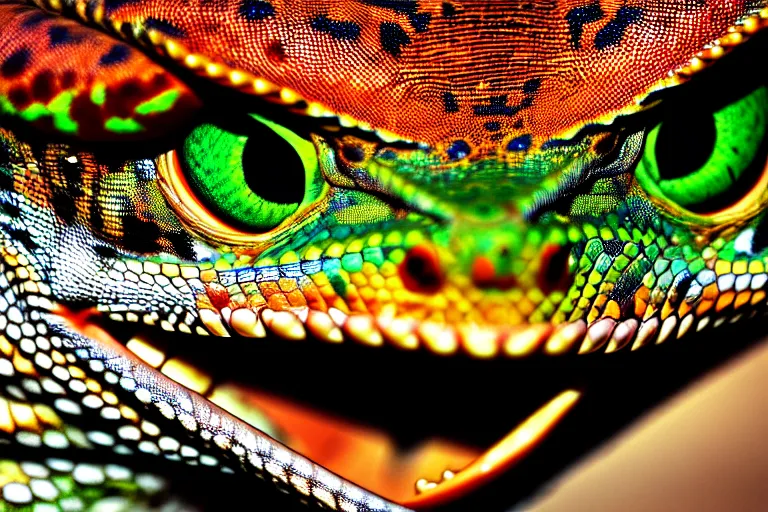 Prompt: angry lizard looks into the lens, professional shooting, nation geographic style, many details, high quality, 8 k