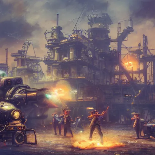 Prompt: oil painting of many hamsters, berets, guns, rocket launchers, close shot, medium shot, steampunk clothes, steampunk city background, sharp focus, fantasy style, octane render, volumetric lighting, 8k high definition, by greg rutkowski, highly detailed, trending on art Station, explosions, centered