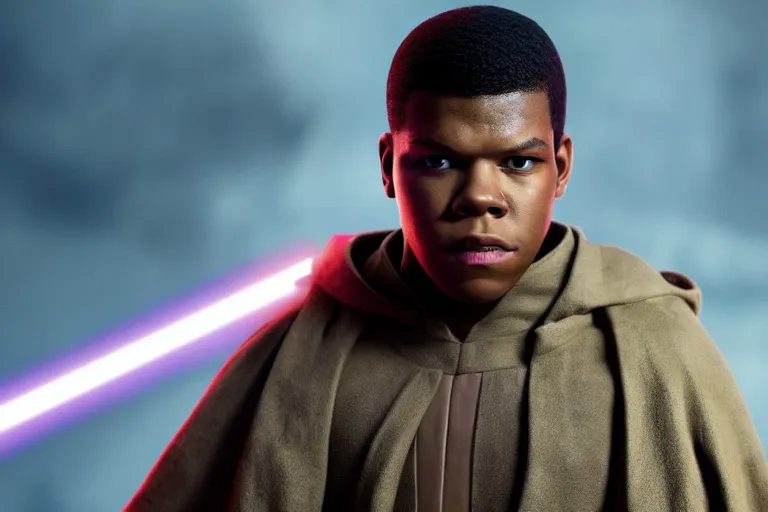 Image similar to Star Wars, Finn played by John Boyega wears jedi robes and wields lightsaber standing alone, full body shot, ultra realistic, 4K, movie still, UHD, sharp, detailed, cinematic, render