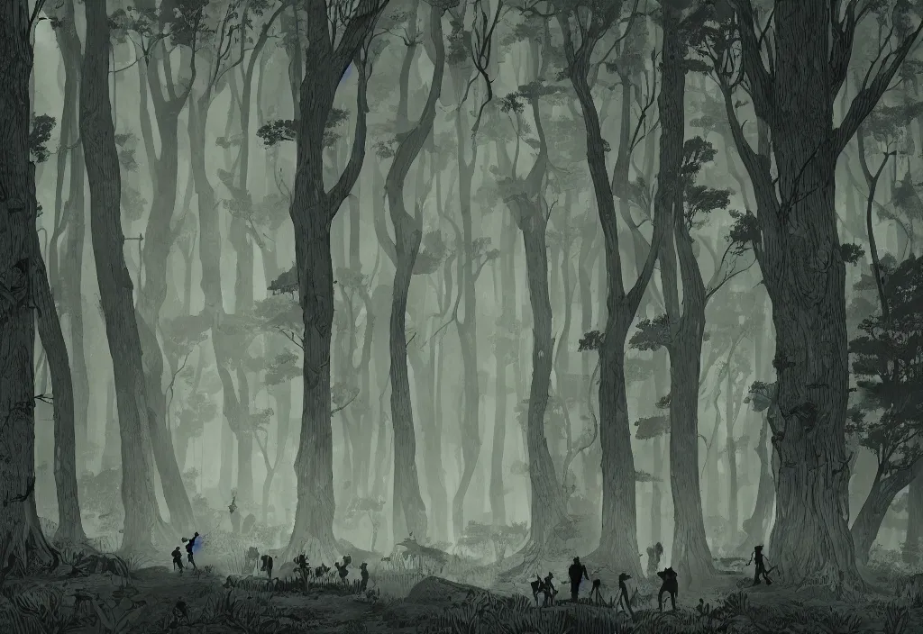 Image similar to handmade illustration of a big forest, line art, ink, some small silhouetted medieval men among the trees, watercolor by Kilian Eng and by Jake Parker, winning-award masterpiece, fantastic, octane render, 8K HD Resolution, High quality image