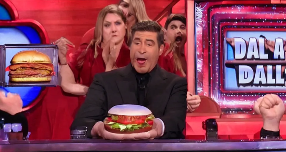 Image similar to deal or no deal game show, contestant opens briefcase and finds a hamburger